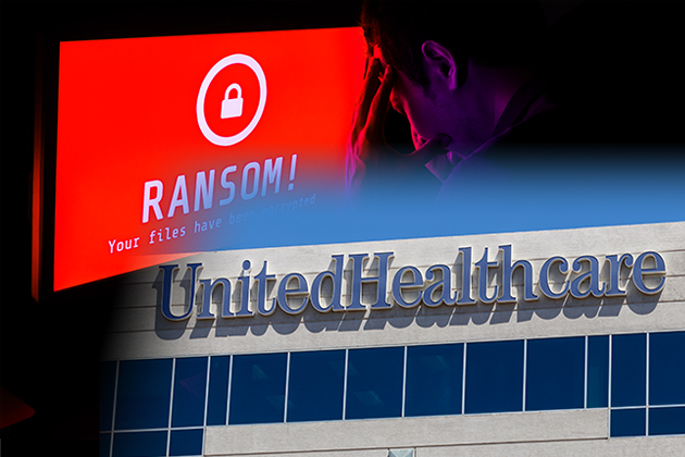 United Healthcare sign with a red computer screen showing a random attack