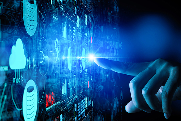 Finger touching screen with various tech symbols on it