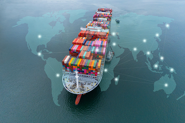 Container ship on a world map