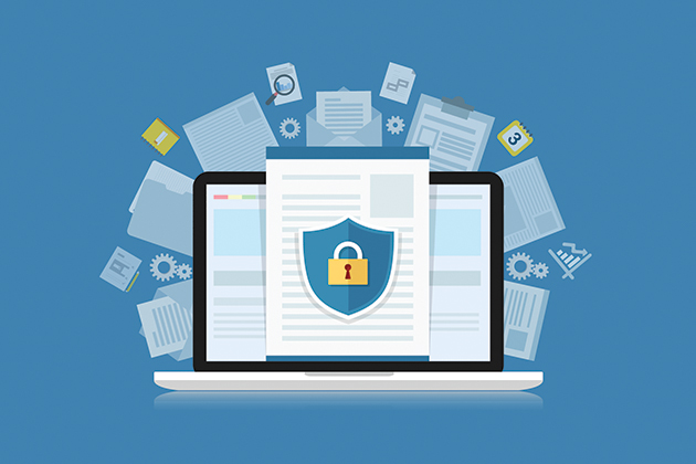 Various images of documents coming from a computer with a shield and lock in the center