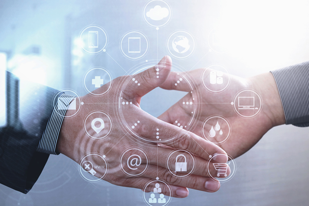 Two hands approaching a handshake, with images of business icons (locks, mail, computer, globe) overlaying them.